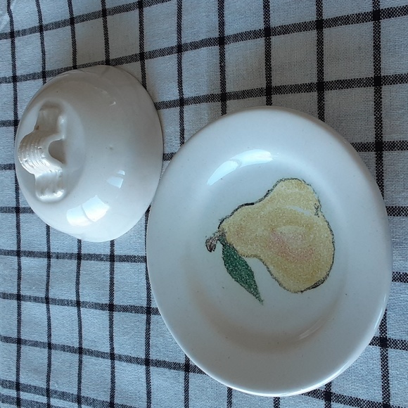 Stoneware Butter Dish Cheese Plate Pear Design Handpainted - Picture 1 of 11